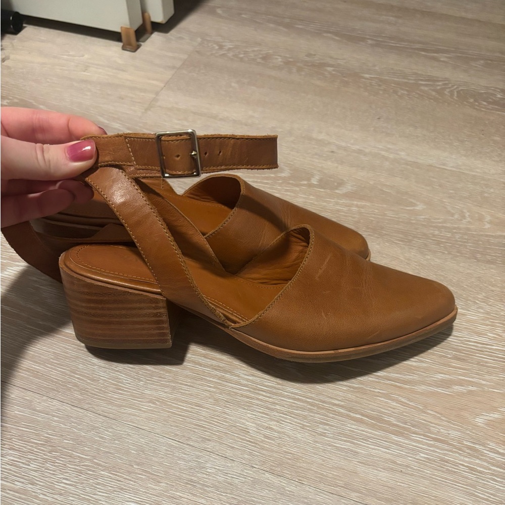 Patina Tan Pointed Toe Ankle Strap Heeled Mules | Size 11